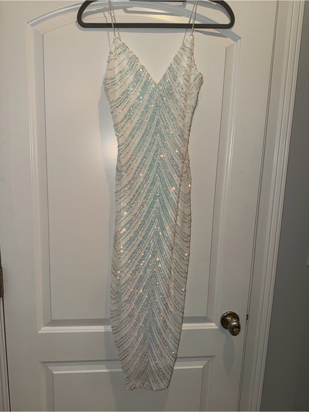 Windsor Iridescent Sequin Slip Dress in White and Pale Blue